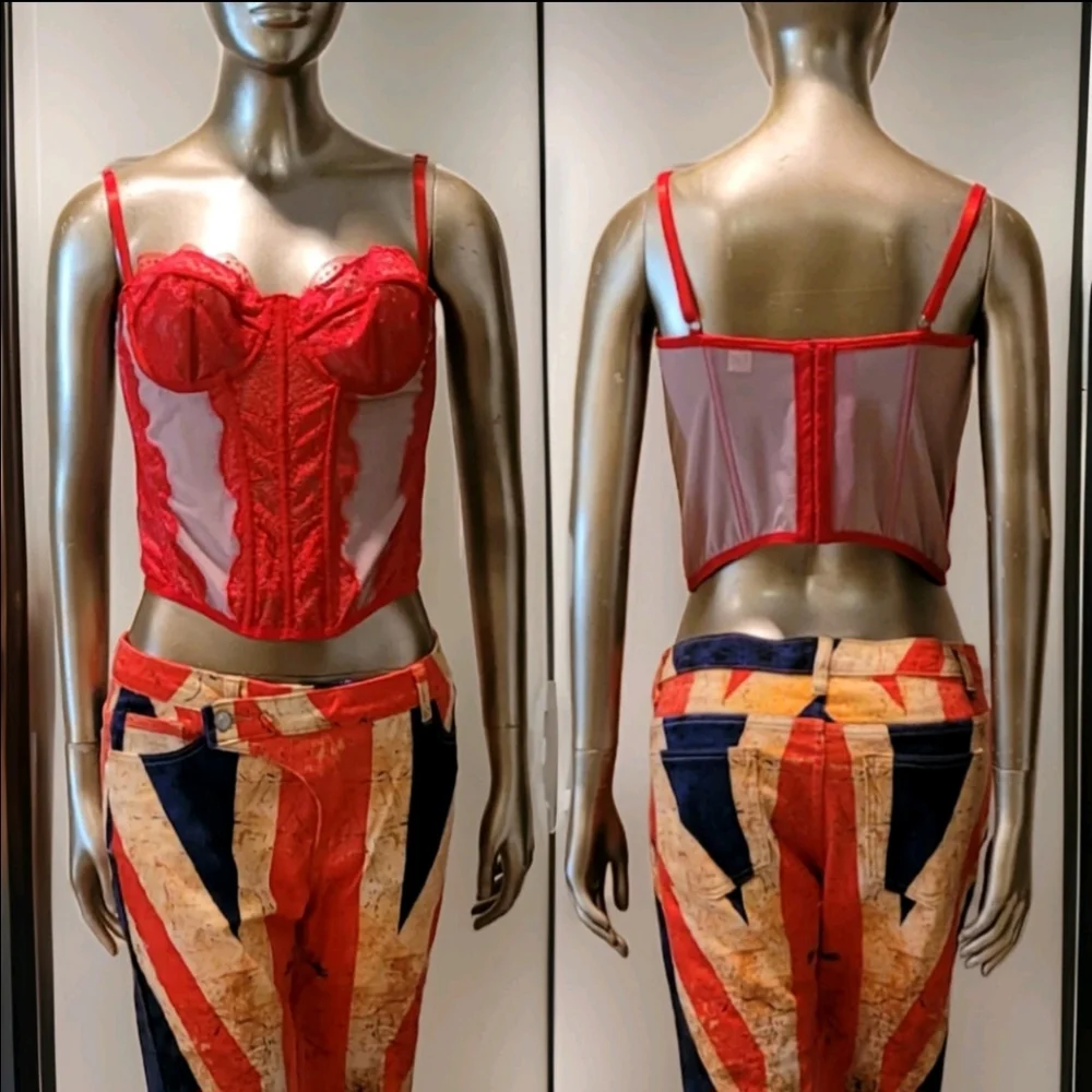 NWT Sexy Red Eyelash Lace Bustier Corset Sheer Mesh Top